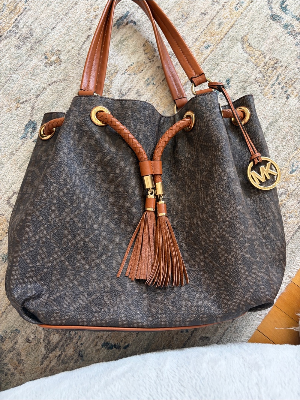 Michael Kors Brown Logo Drawstring Shoulder Bag with Tassel